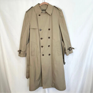 Vintage London Fog Trench Coat Mens 38 Double Breasted Sherpa Lined Belted Khaki